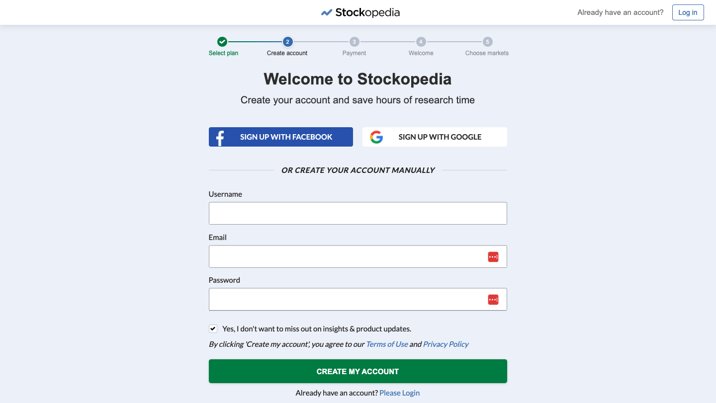 Design variant two, step two: creating an account.