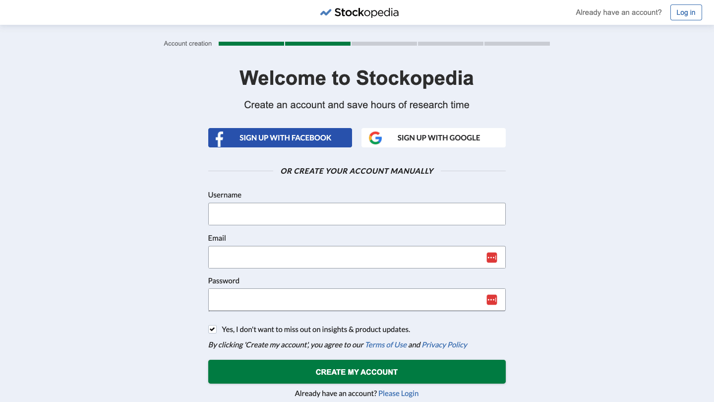 Design variant one, step three: creating an account.