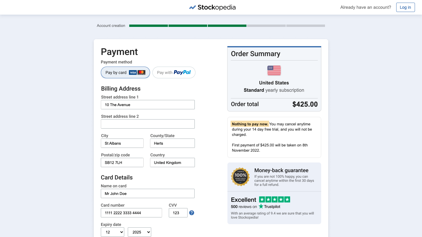 Design variant one, step four: entering payment details.