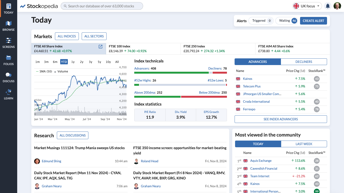 The Stockopedia home page after sign-up is complete.