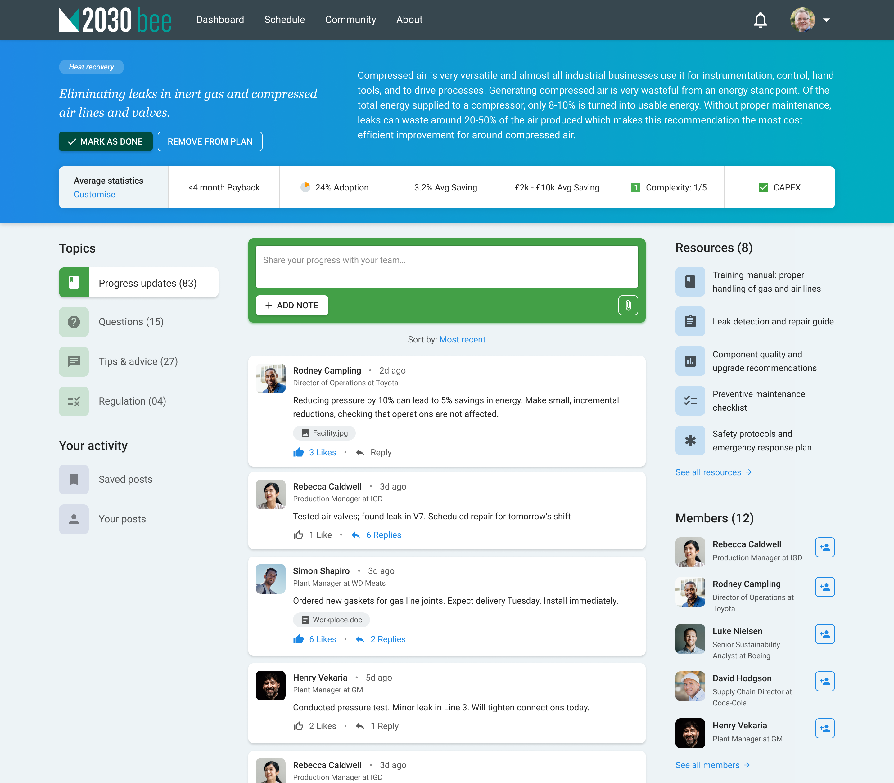 The detail view for an efficiency action on the Manufacture 2030 dashboard.