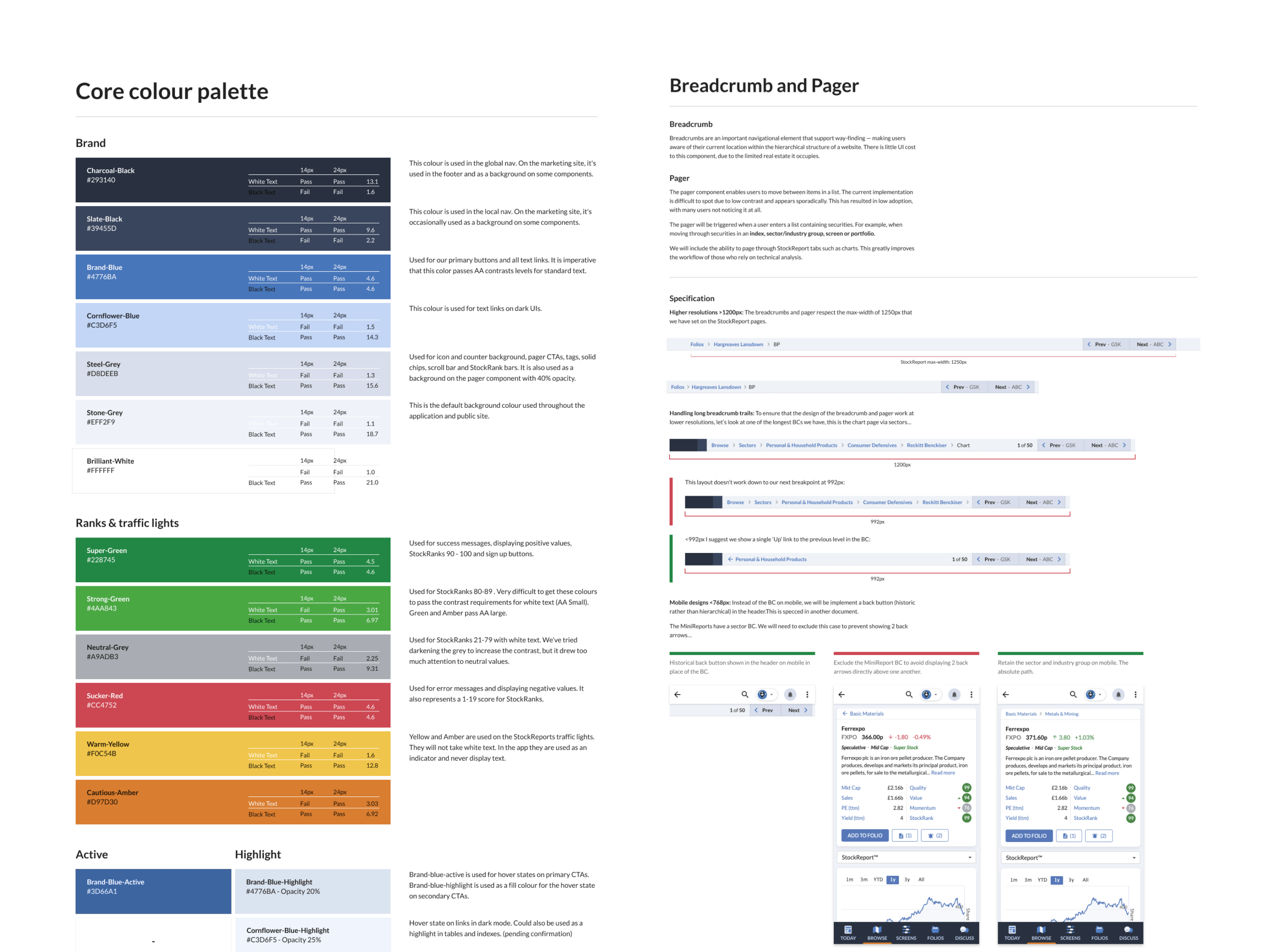 Pages from the Stockopedia design guide showing components and colour rules.