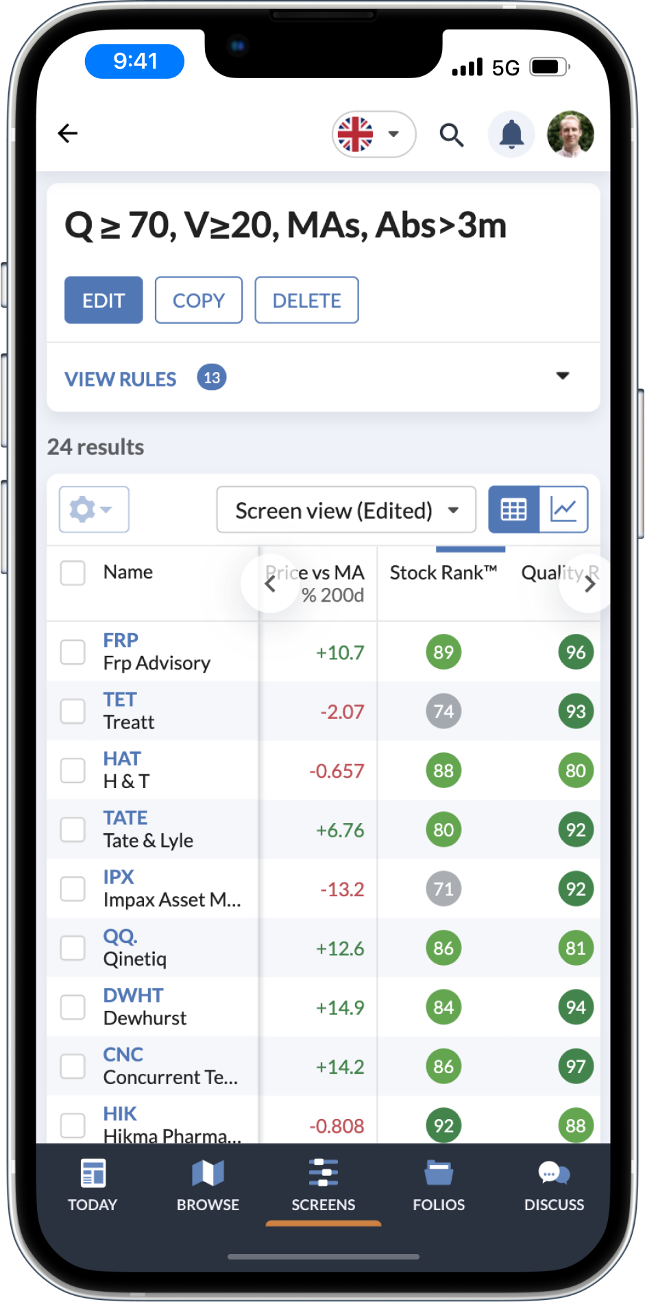 The Screens page on mobile.