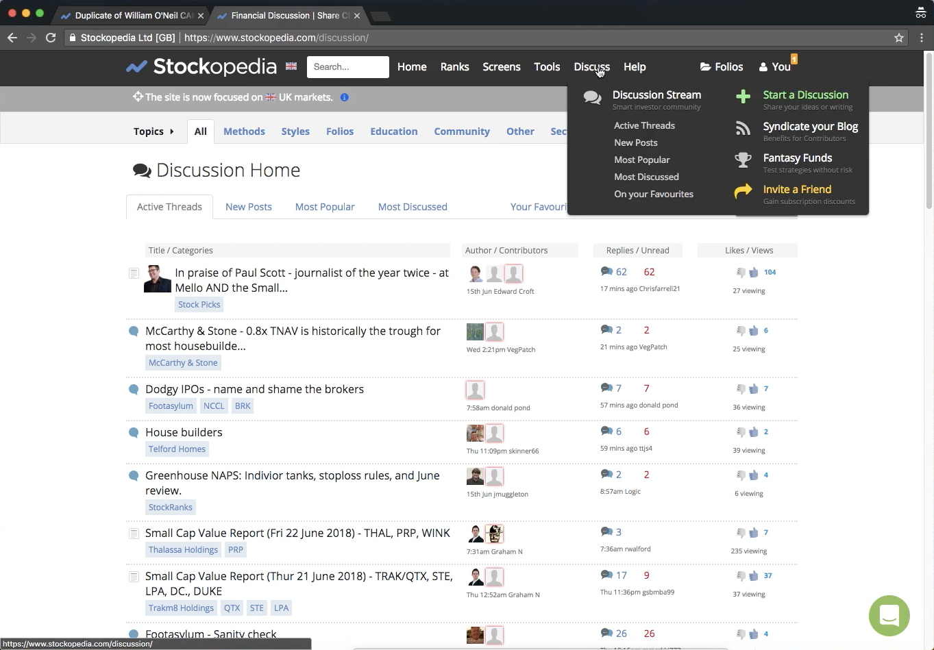 The discussion feature on the original Stockopedia site.