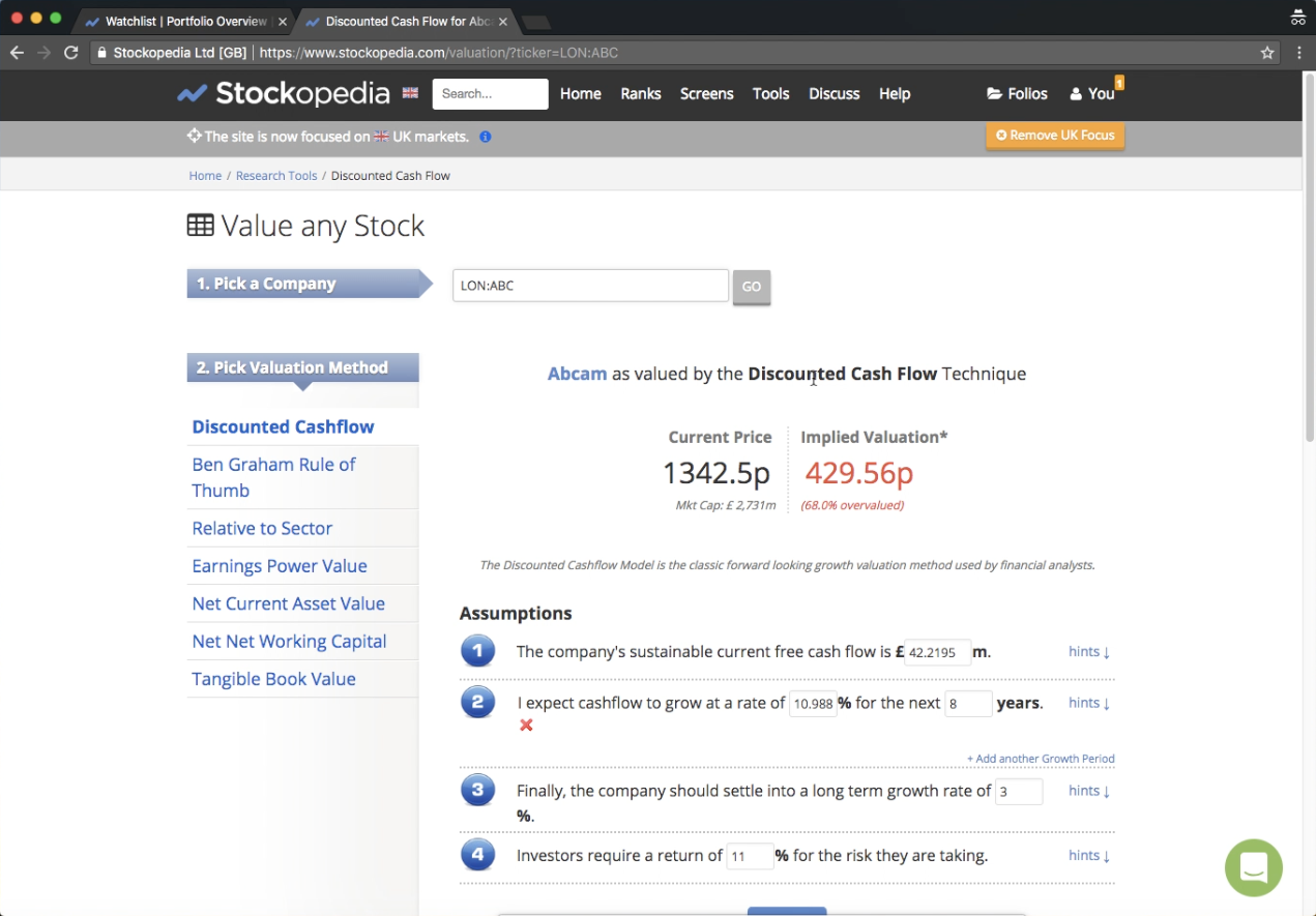 The valuation tool on the original Stockopedia site.