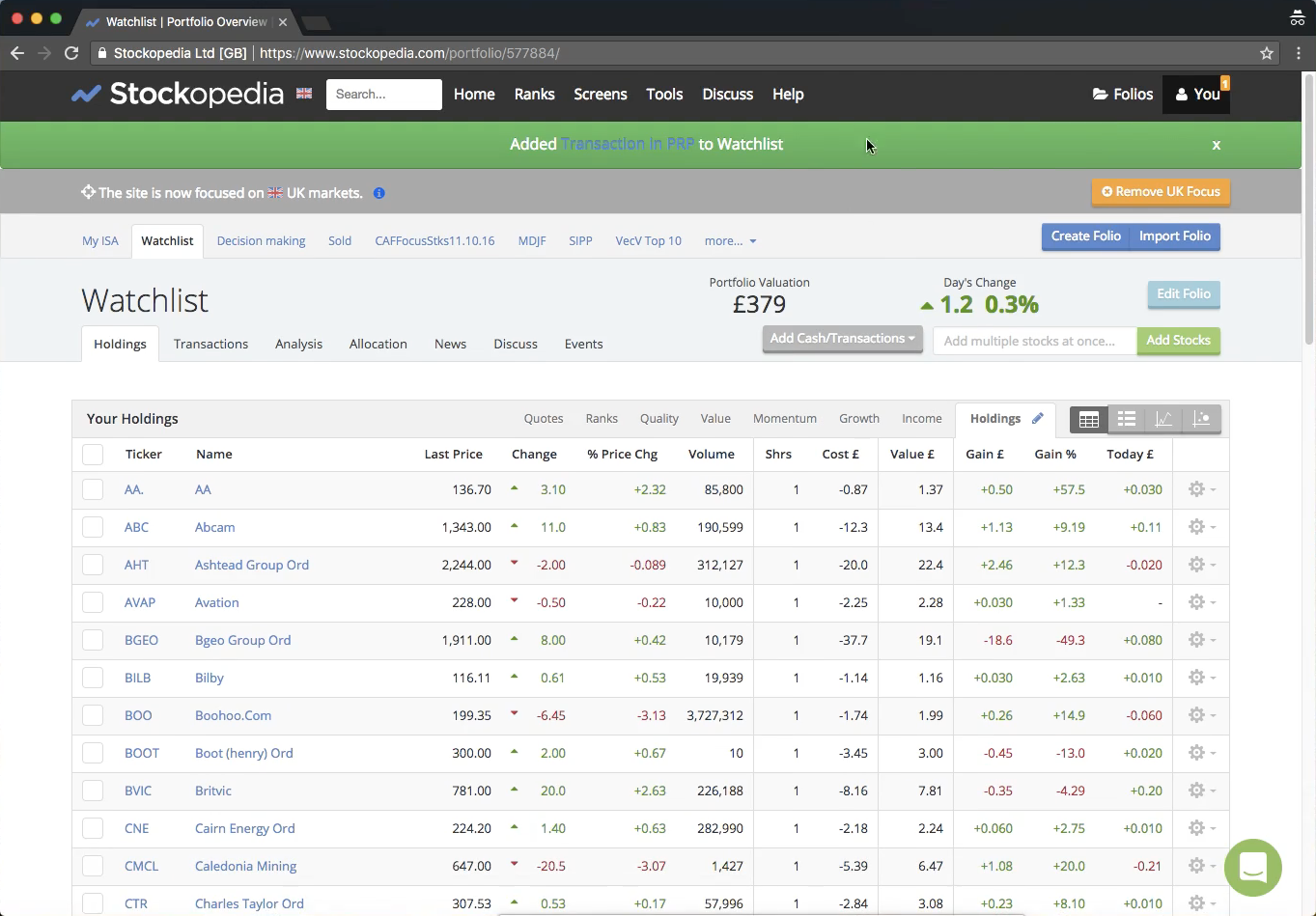 The watchlist on the original Stockopedia site.