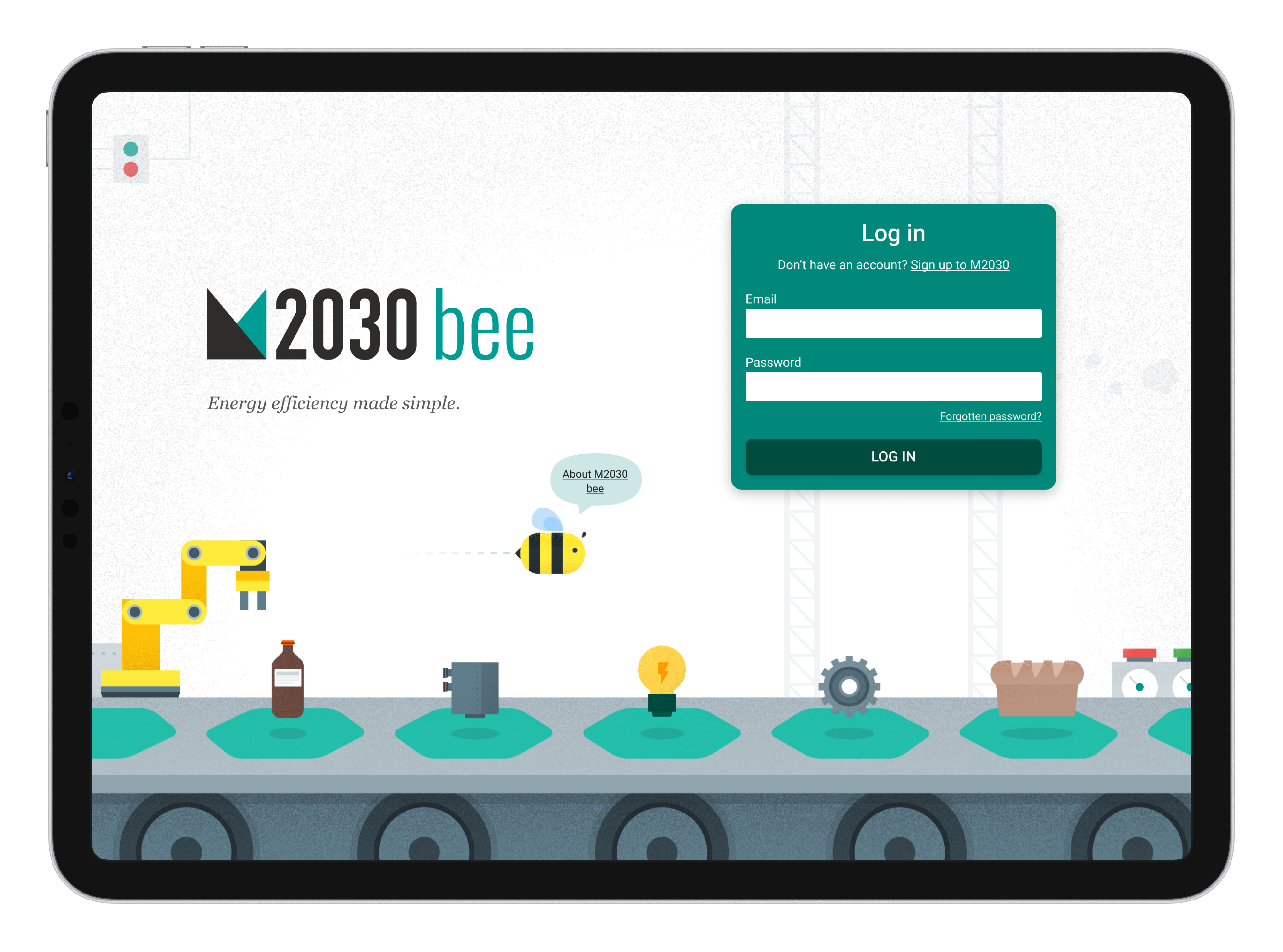 The Manufacture 2030 login screen on a tablet, with custom illustration.