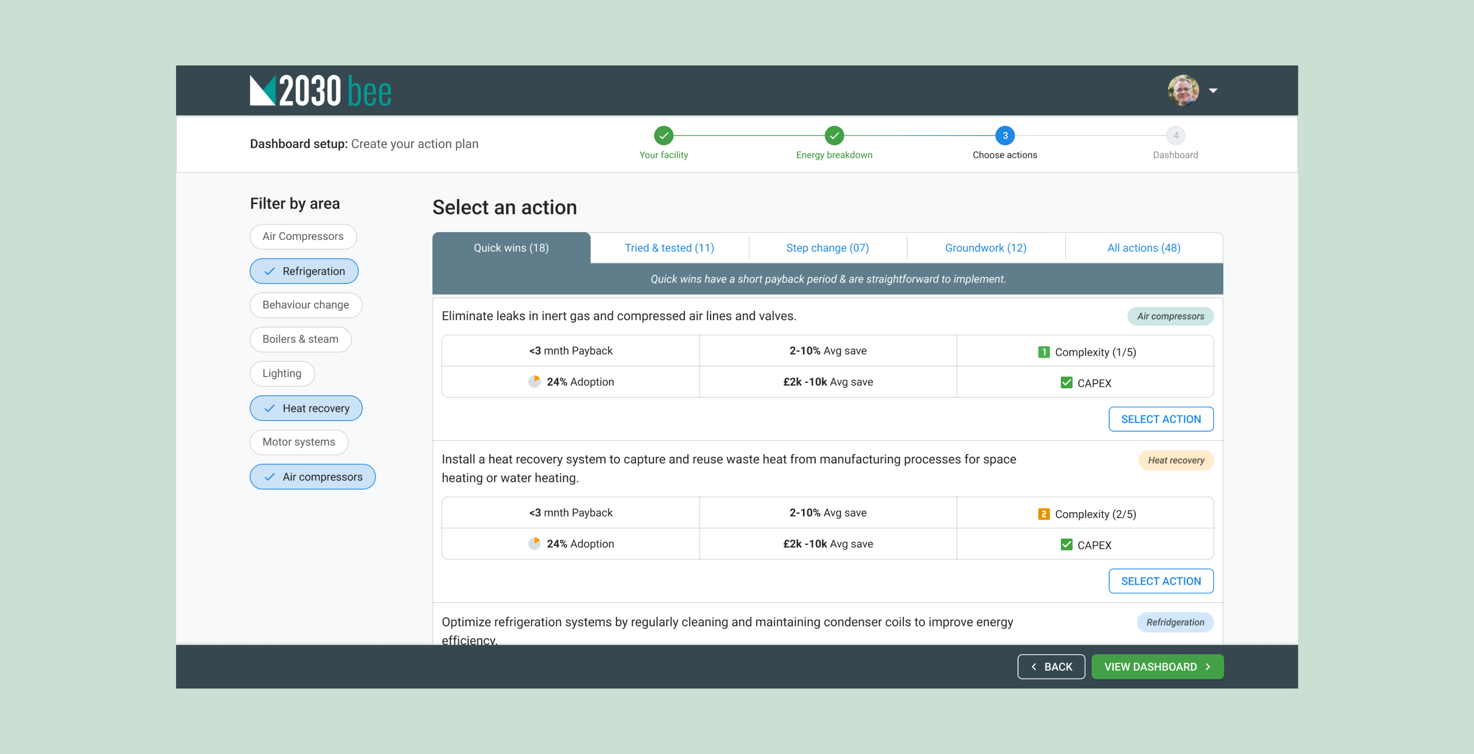 Manufacture 2030 onboarding, step three: selecting efficiency actions.