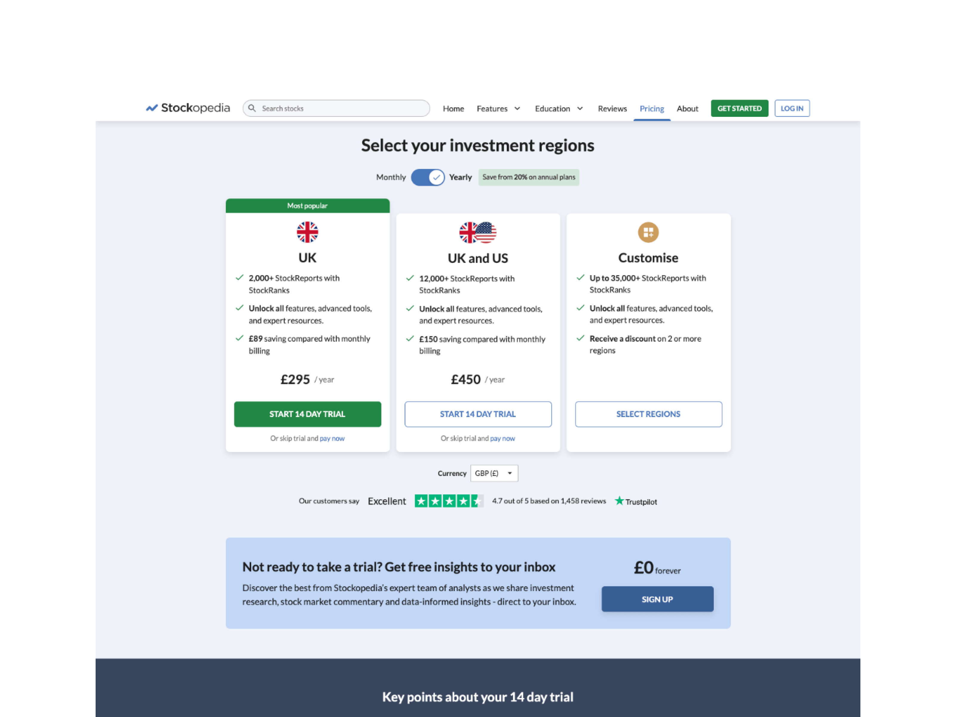 Stockopedia subscription plans laid out as a pricing comparison.