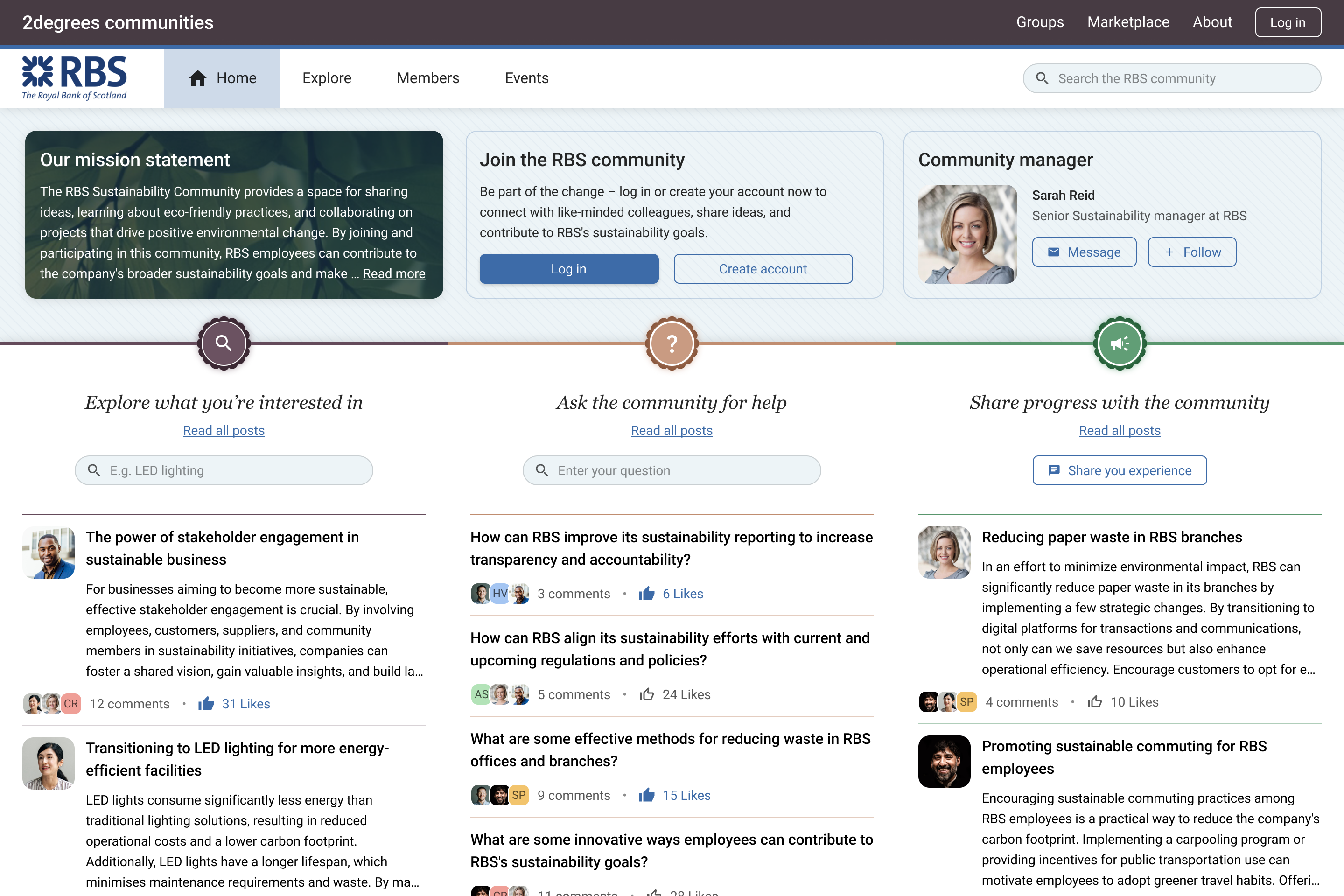 The finished RBS sustainable community homepage.