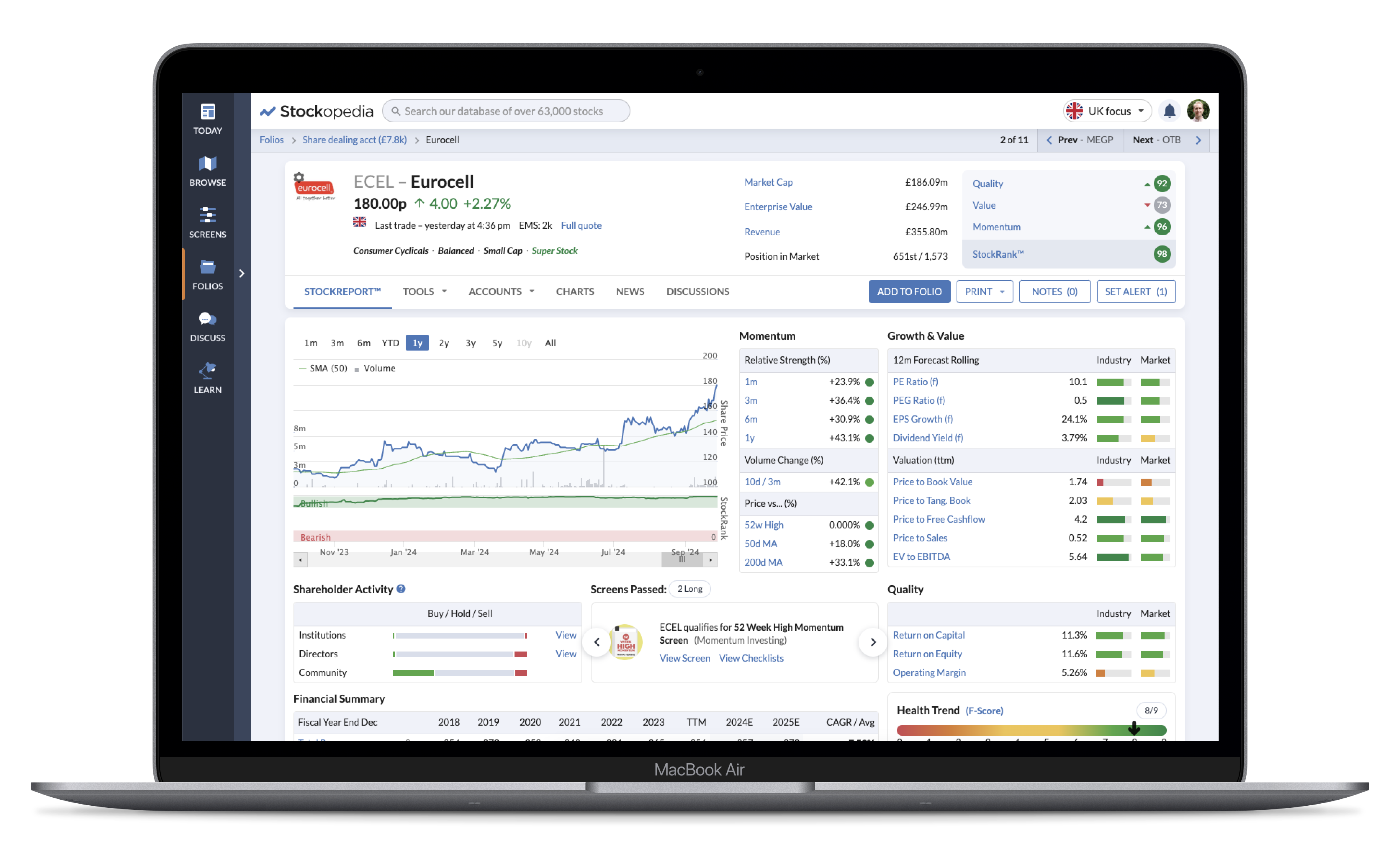 A Stockopedia stock report shown on a laptop.