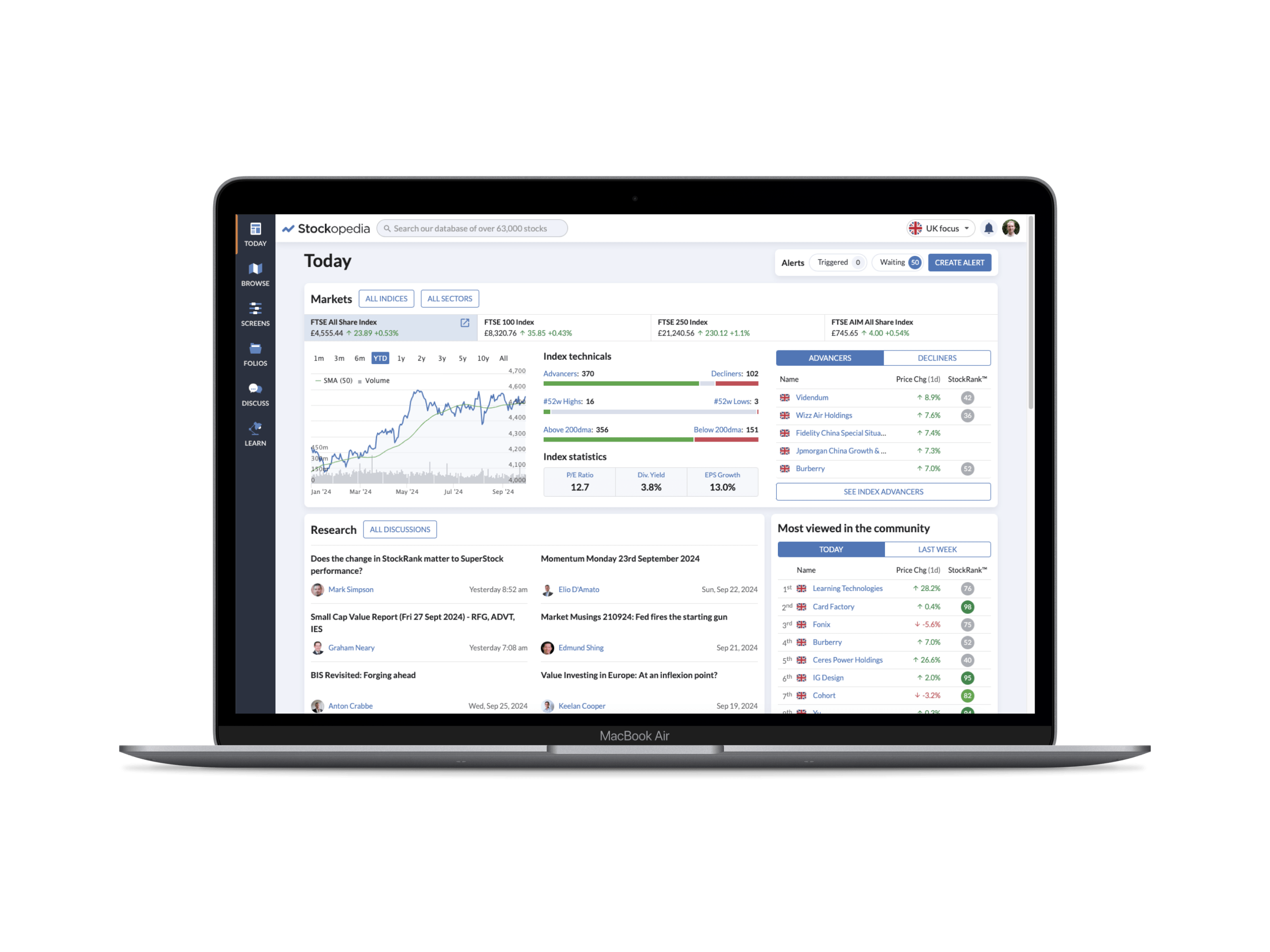 The redesigned Stockopedia dashboard, showing market data and rankings.